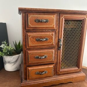 Vintage Musical Wooden Jewelry Box Armoire drawers metal mesh door velvet